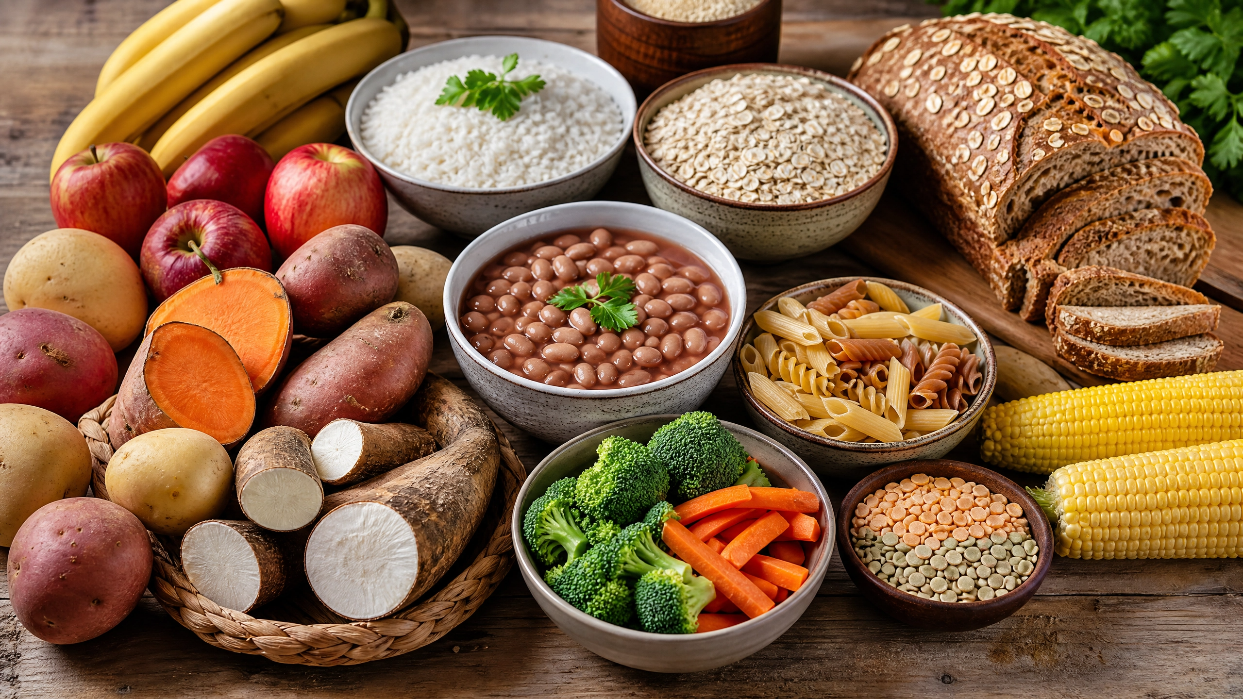 Fontes de carboidratos: arroz, aveia, pão, frutas e tubérculos