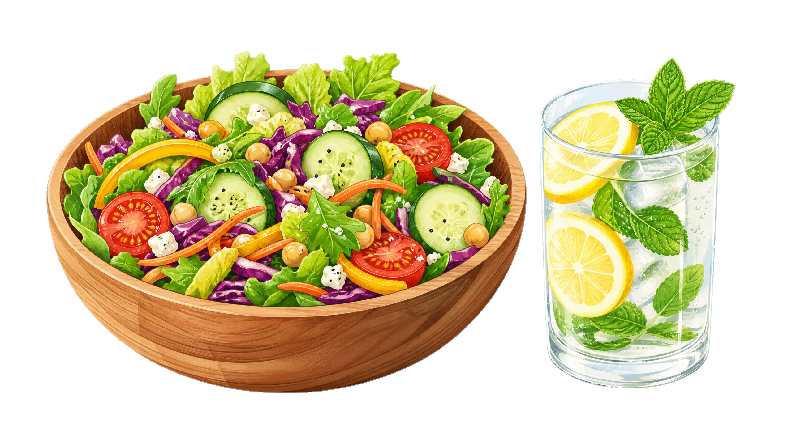 Salada colorida e água com limão e hortelã