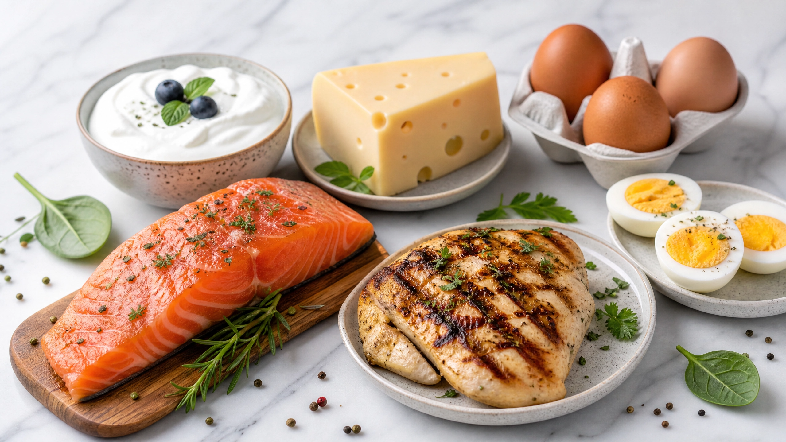Fontes de proteína: frango, ovos, peixe e laticínios